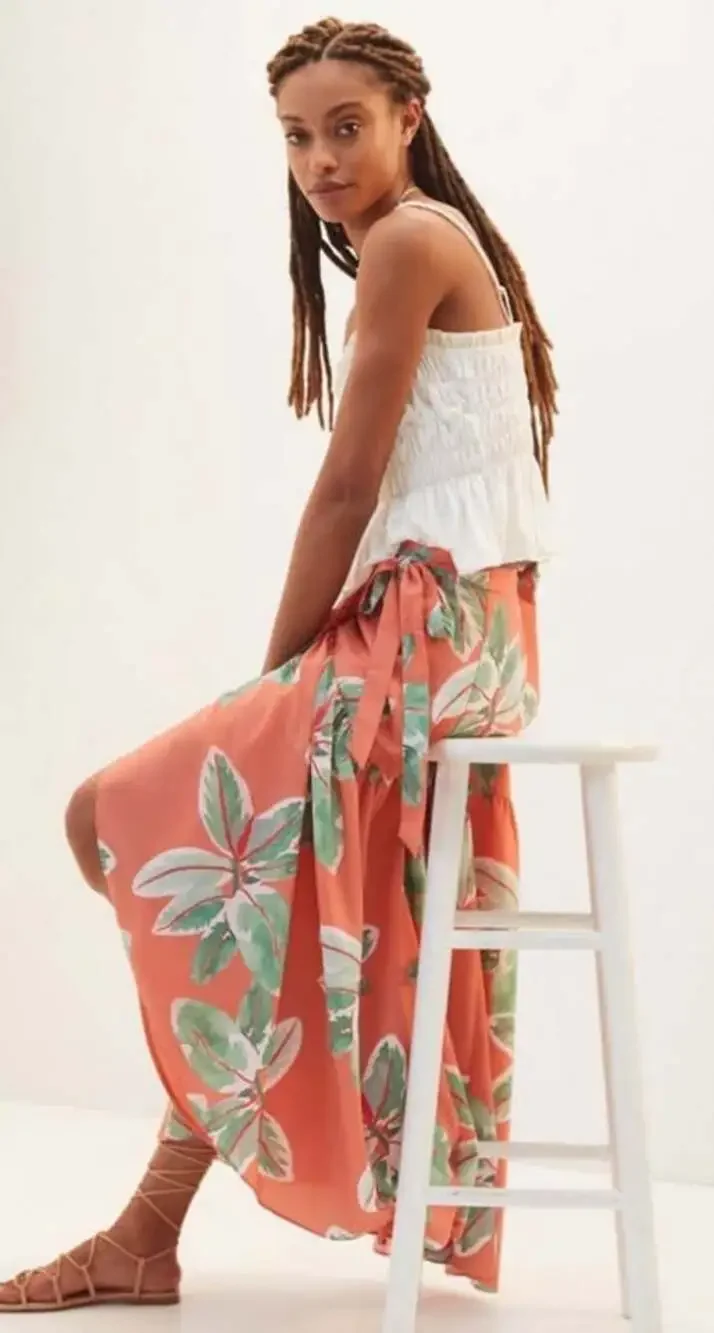 NWT Anthropologie Hutch Tropical Palm Leaf Printed Wrap Maxi Skirt Size Large